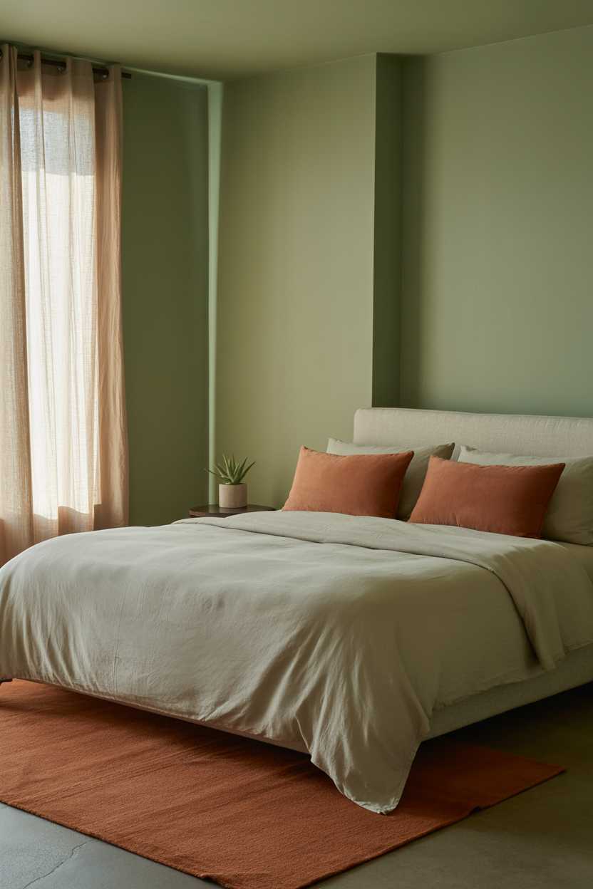 21 Terracotta Bedroom Ideas to Warm Up Your Space 9 Minimalist bedroom with white duvet, terracotta pillows, and sage green walls