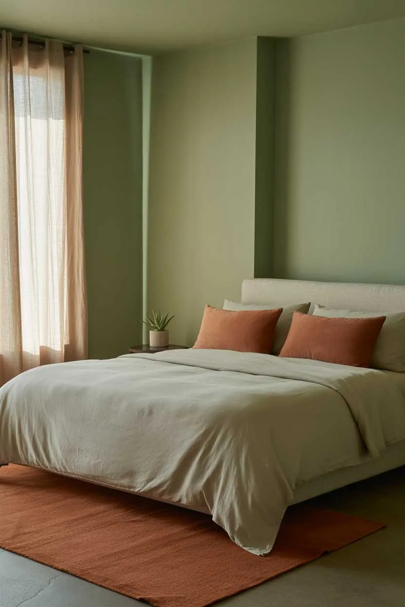 21 Terracotta Bedroom Ideas to Warm Up Your Space 9 Minimalist bedroom with white duvet, terracotta pillows, and sage green walls
