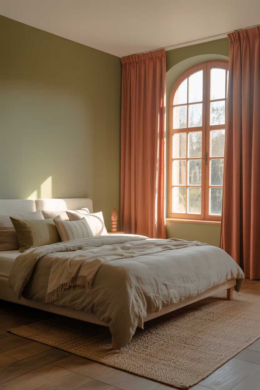 21 Terracotta Bedroom Ideas to Warm Up Your Space 10 Serene bedroom with olive green walls and terracotta curtains framing large window