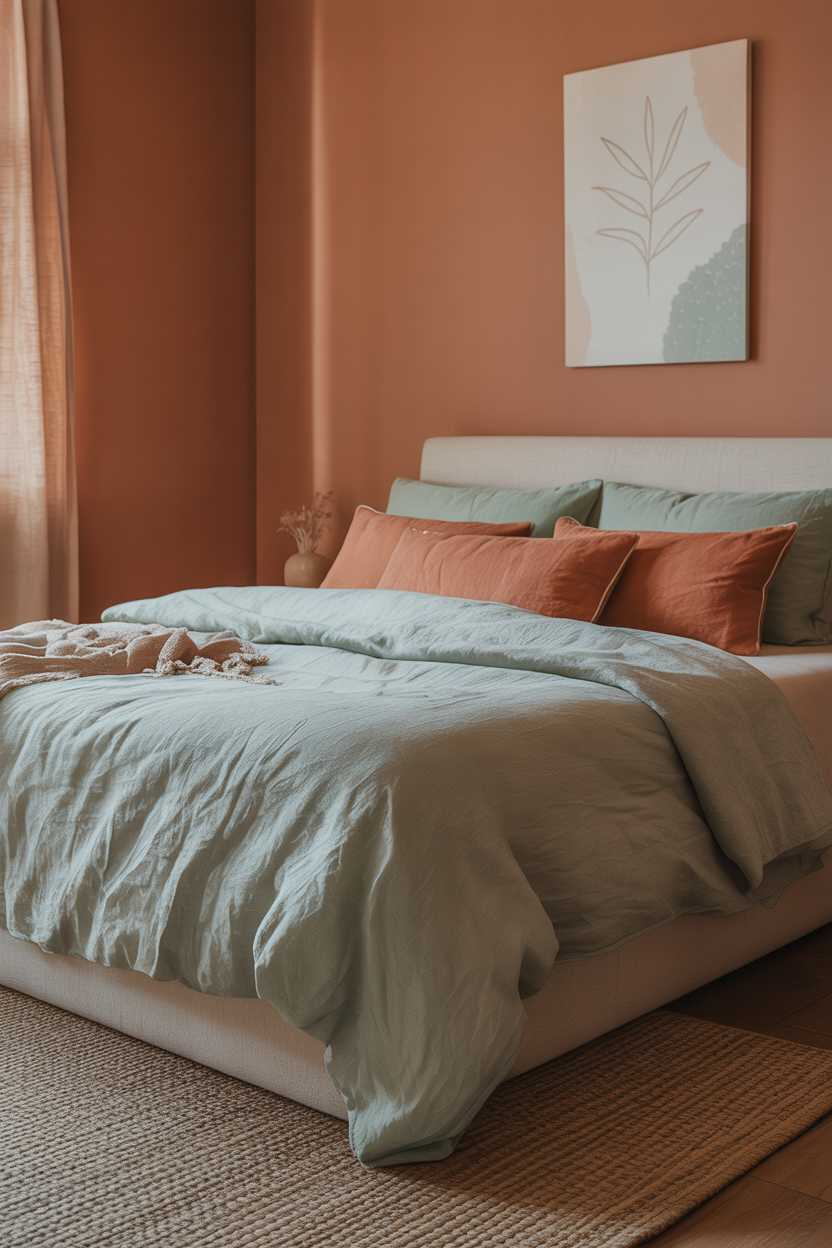 21 Terracotta Bedroom Ideas to Warm Up Your Space 11 Bedroom with terracotta walls, sage linens, and botanical artwork