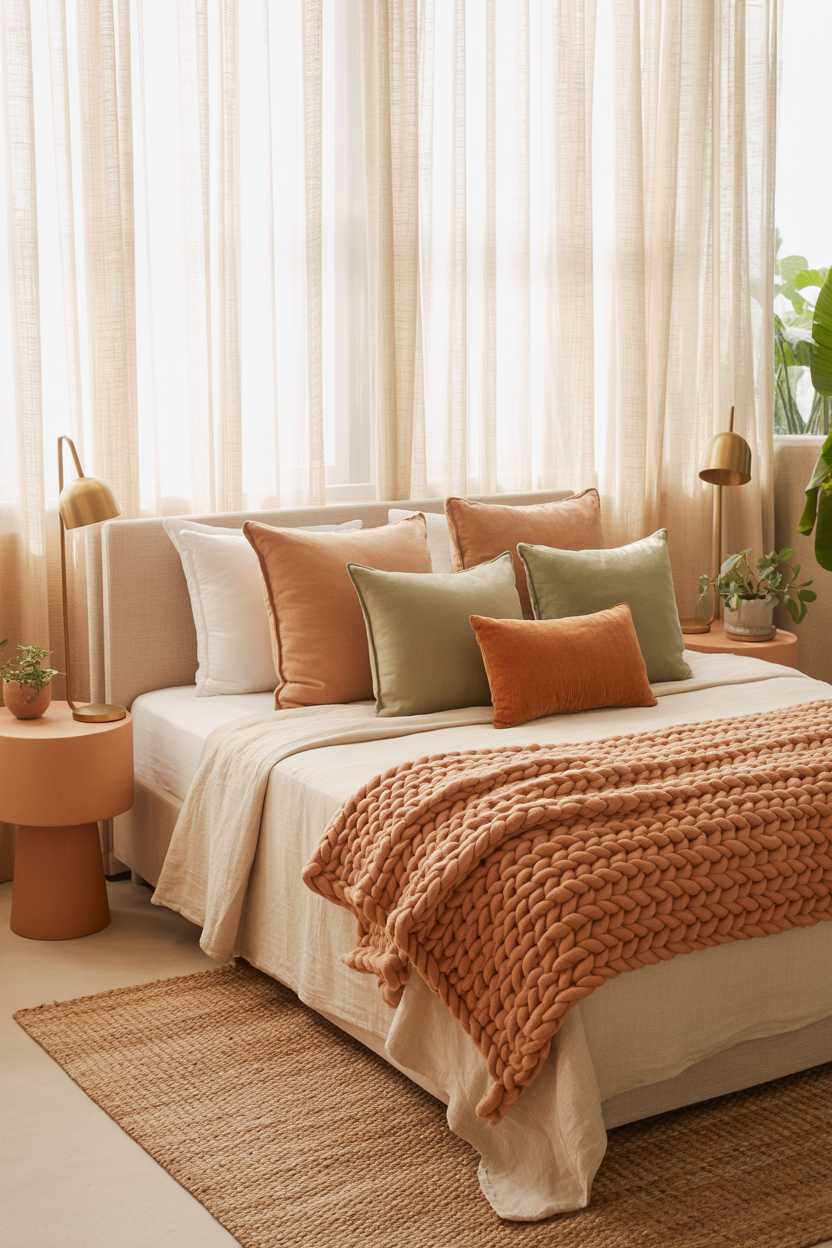 21 Terracotta Bedroom Ideas to Warm Up Your Space 12 King-sized bed with white linens, terracotta throw, and sage green pillows