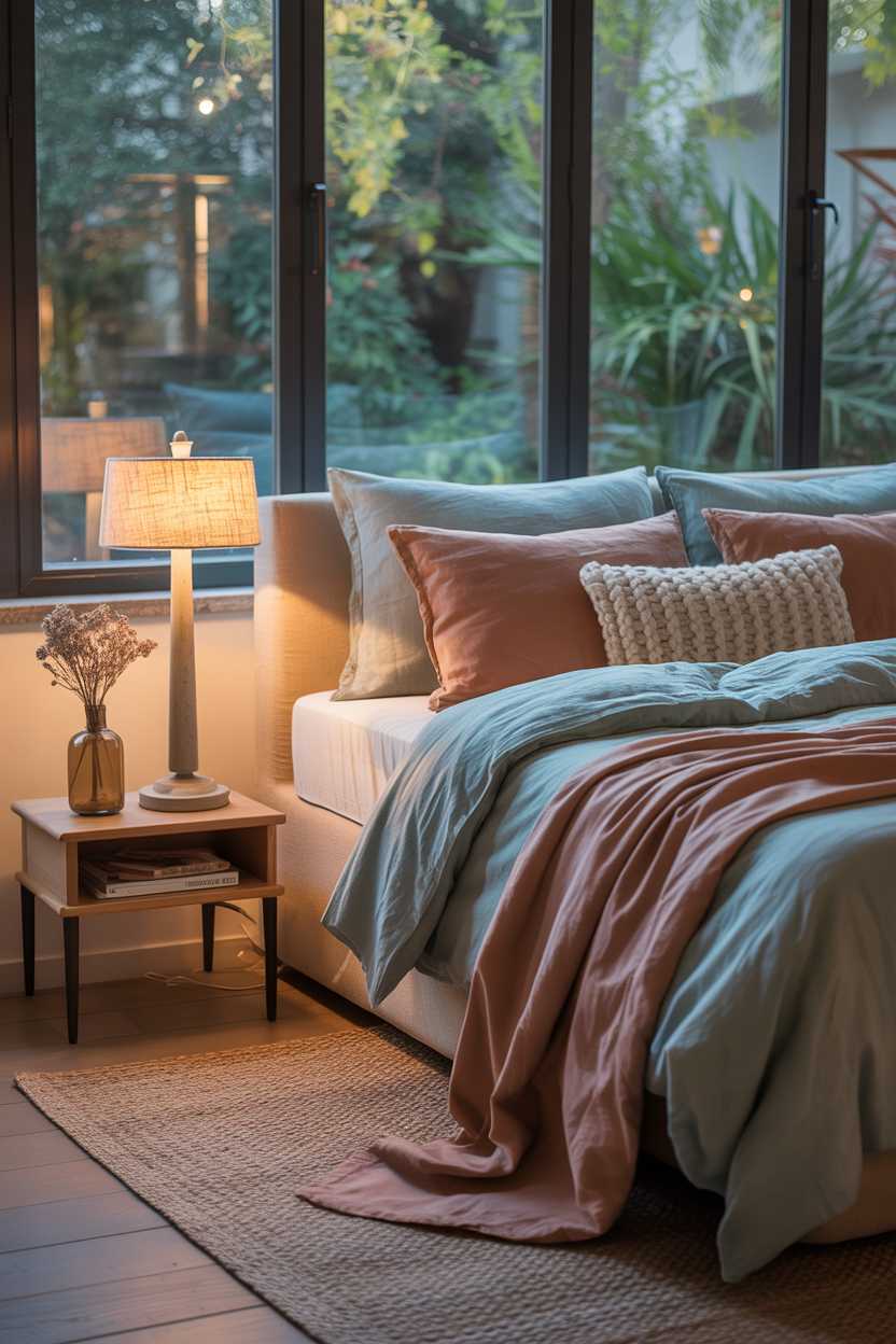 21 Terracotta Bedroom Ideas to Warm Up Your Space 13 Stylish bedroom with blue and terracotta bedding in soft morning light