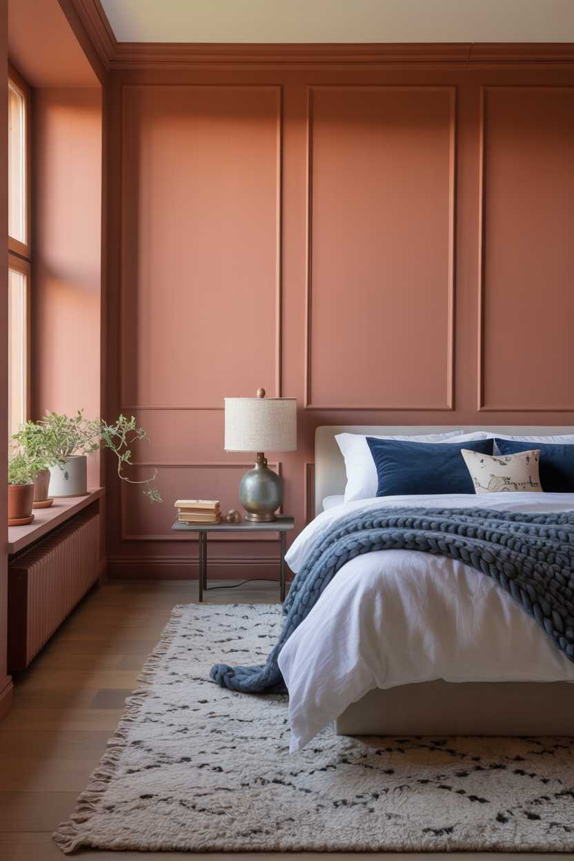 21 Terracotta Bedroom Ideas to Warm Up Your Space 14 Bedroom with soft terracotta walls, blue bedding accents, and white linens