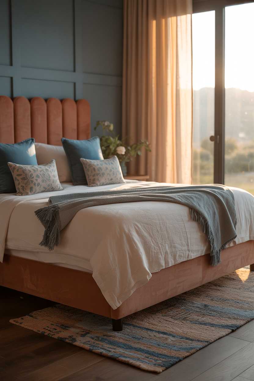 21 Terracotta Bedroom Ideas to Warm Up Your Space 15 Bedroom with terracotta headboard, white sheets, and blue throw pillows