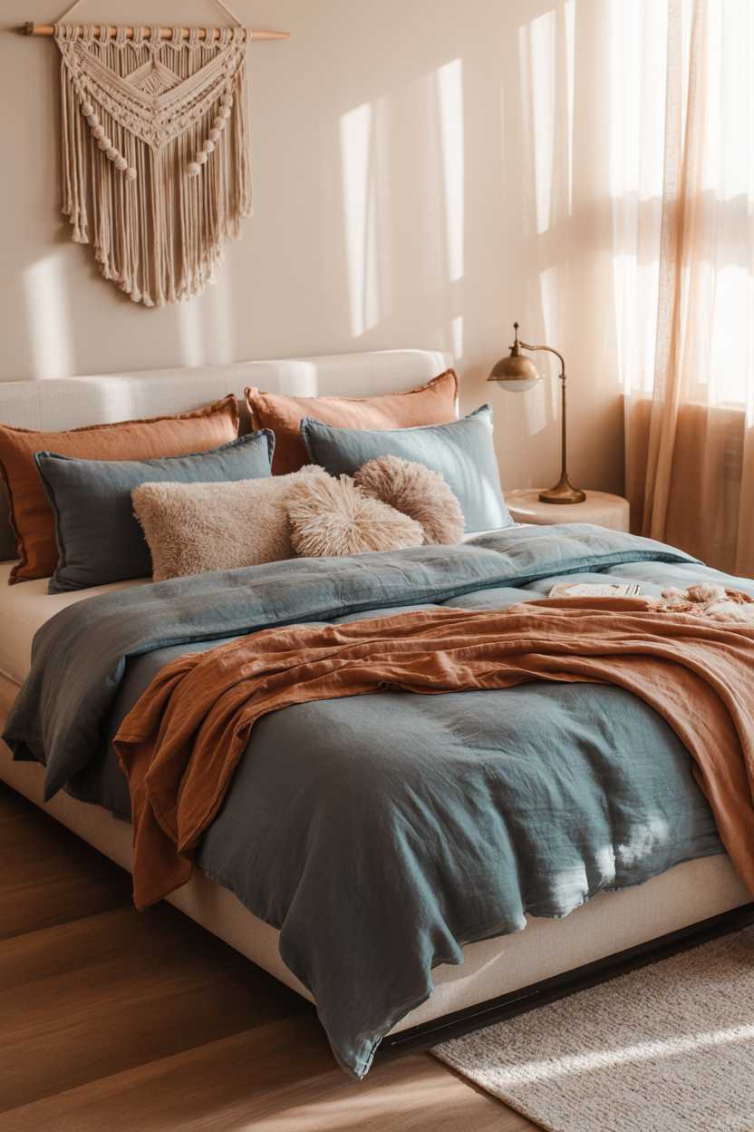 21 Terracotta Bedroom Ideas to Warm Up Your Space 16 Bedroom with blue and terracotta bedding, macrame wall hanging, and vintage lamp