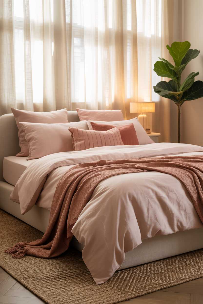 21 Terracotta Bedroom Ideas to Warm Up Your Space 17 Bedroom with king-sized bed featuring pink and terracotta linens and fiddle leaf fig tree