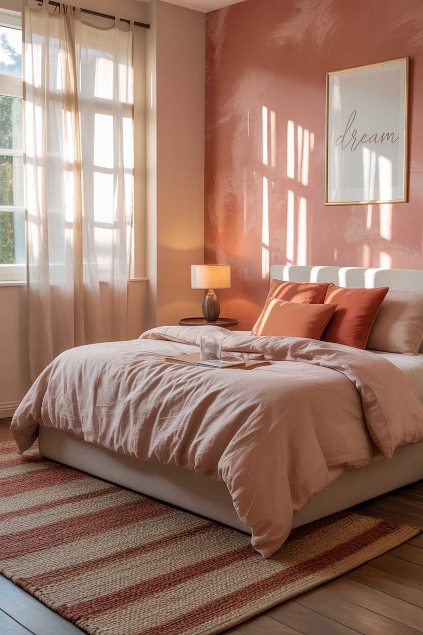 21 Terracotta Bedroom Ideas to Warm Up Your Space 18 Bedroom with blush pink walls, terracotta pillows, and "DREAM" wall art