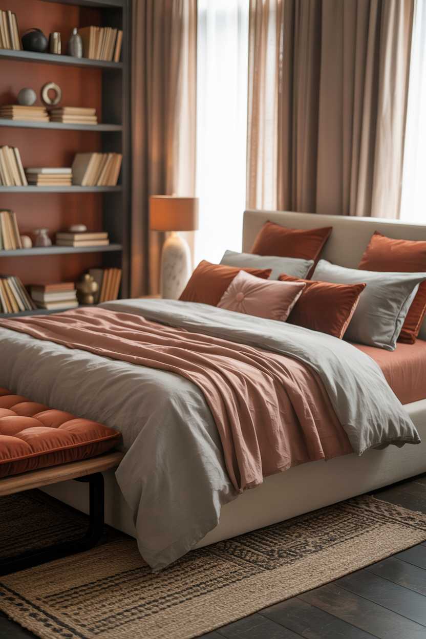 21 Terracotta Bedroom Ideas to Warm Up Your Space 19 Bedroom with grey and terracotta bedding, geometric rug, and bookshelf