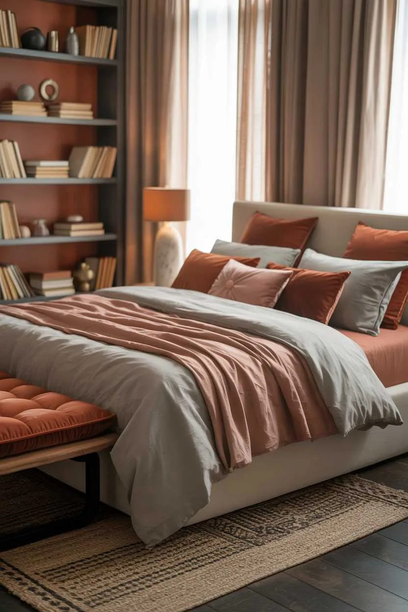 21 Terracotta Bedroom Ideas to Warm Up Your Space 19 Bedroom with grey and terracotta bedding, geometric rug, and bookshelf