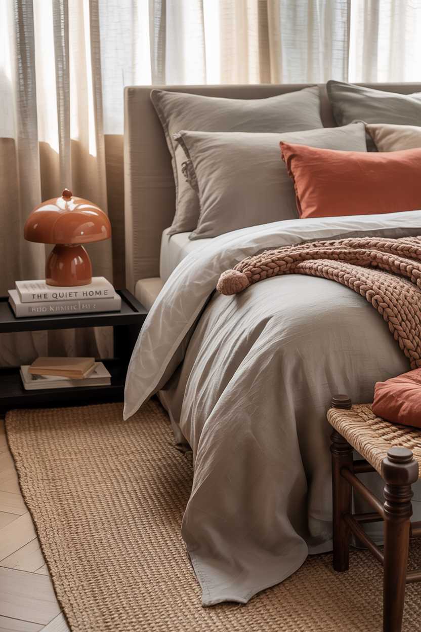 21 Terracotta Bedroom Ideas to Warm Up Your Space 20 Luxurious bedroom with grey linen bedding, terracotta pillows, and chunky knit throw
