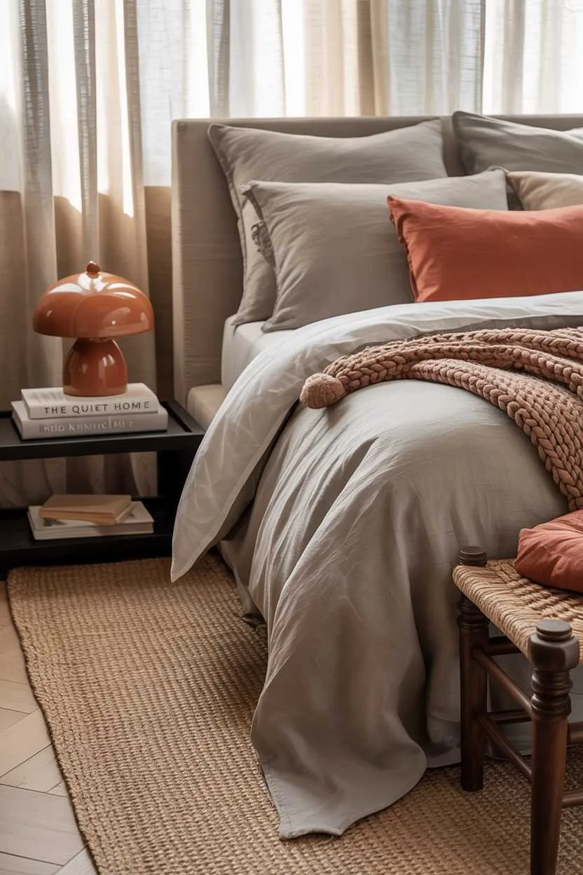 21 Terracotta Bedroom Ideas to Warm Up Your Space 20 Luxurious bedroom with grey linen bedding, terracotta pillows, and chunky knit throw