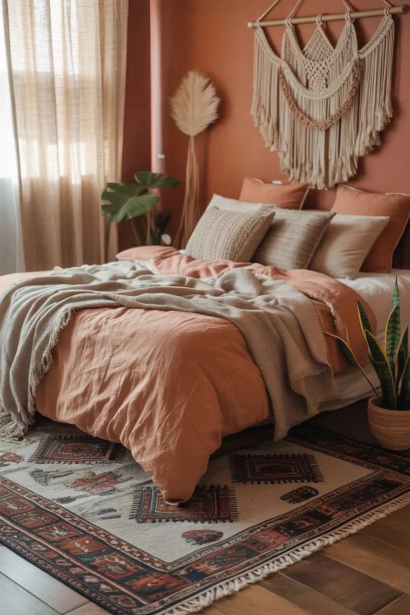21 Terracotta Bedroom Ideas to Warm Up Your Space 21 Bohemian bedroom with linen duvet, textured pillows, and macrame wall hanging