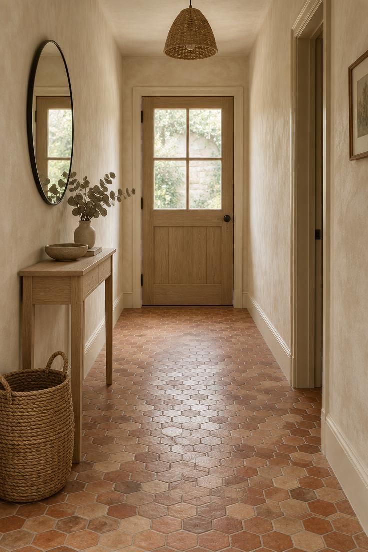 11 Warm Terracotta Hallway Ideas for an Inviting Entry 1 Narrow cottage hallway with small hexagonal terracotta floor tiles, cream plaster walls, a pale timber console, and a woven basket at floor level.