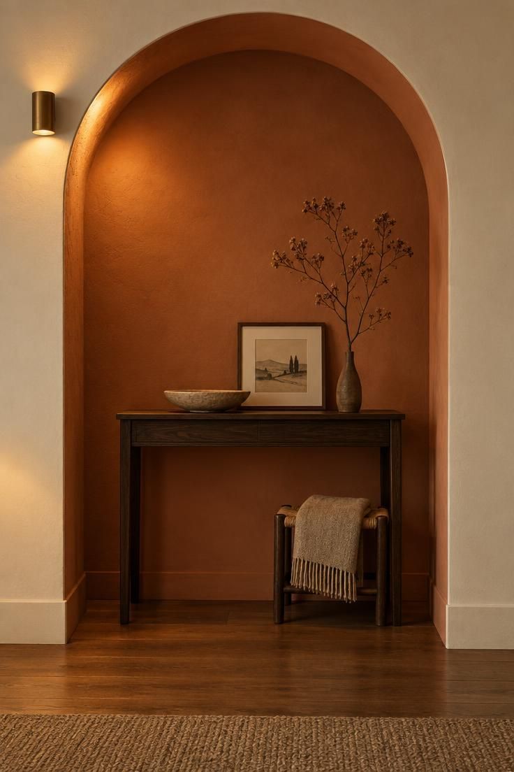 11 Warm Terracotta Hallway Ideas for an Inviting Entry 2 Plaster archway painted in muted terracotta framing a slim dark-wood console with a stoneware bowl and framed print, cream walls on either side.