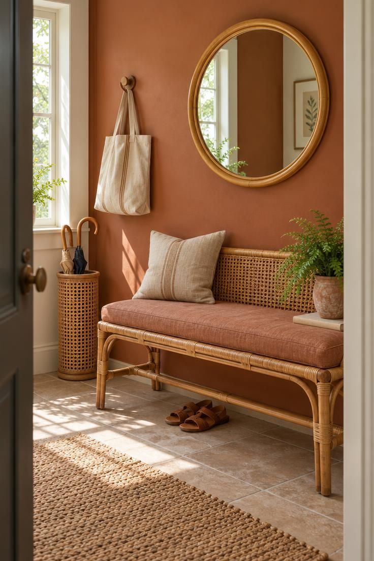 11 Warm Terracotta Hallway Ideas for an Inviting Entry 3 Small entry with a terracotta-toned wall, rattan bench with linen cushion, cane umbrella stand, and a round mirror in a warm frame.