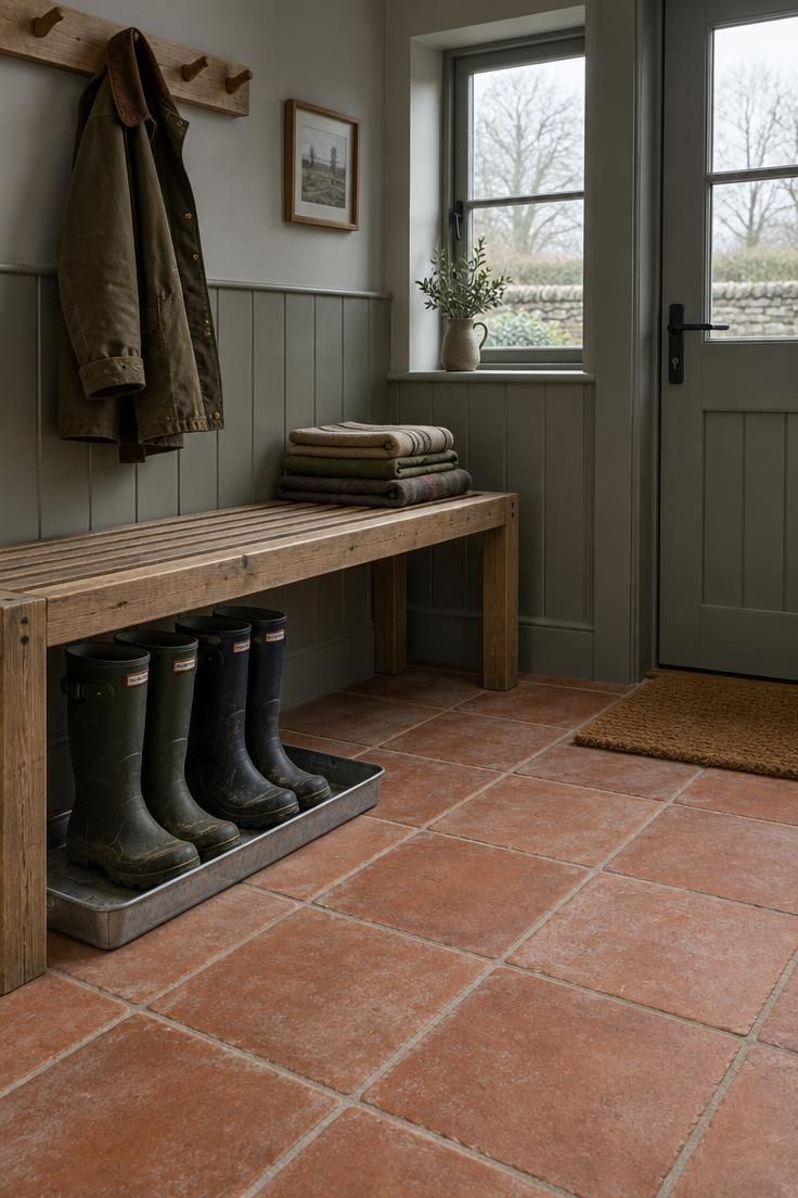 11 Warm Terracotta Hallway Ideas for an Inviting Entry 4 Side-entry boot room with unglazed quarry-style terracotta tiles, a slatted timber bench, a boot tray, and a coir mat at the threshold.