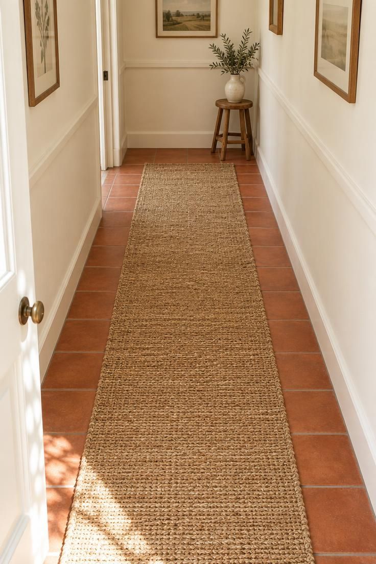 11 Warm Terracotta Hallway Ideas for an Inviting Entry 6 Narrow corridor with plain terracotta floor tiles, a jute runner down the center, visible tile on both sides, and a small timber stool near the end.