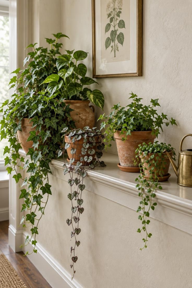 11 Warm Terracotta Hallway Ideas for an Inviting Entry 7 Hallway ledge with clustered terracotta clay pots of trailing plants, a pale plaster wall, and a framed botanical print above.
