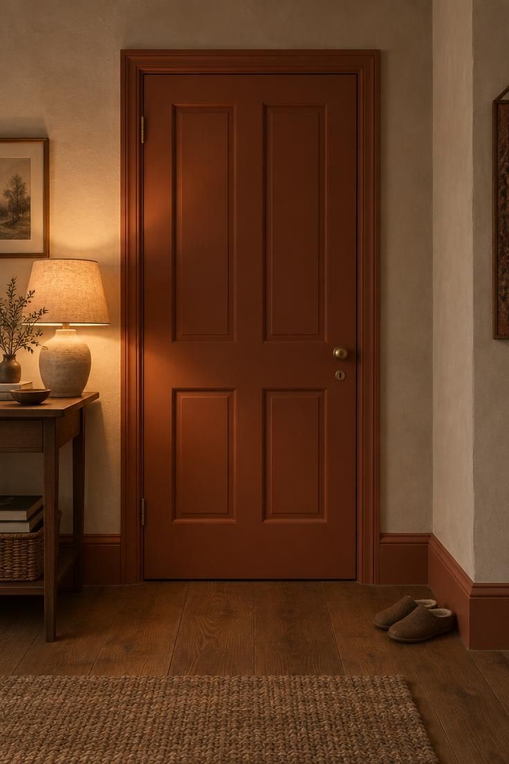 11 Warm Terracotta Hallway Ideas for an Inviting Entry 8 Terracotta-painted interior door and skirting boards against pale plaster walls, with a slim console and ceramic lamp to the side.