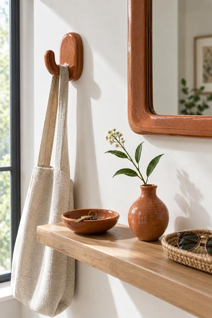 11 Warm Terracotta Hallway Ideas for an Inviting Entry 9 Minimalist hallway detail with a terracotta ceramic hook, shallow terracotta bowl for keys, and a mirror in a clay-toned frame on a pale wall.