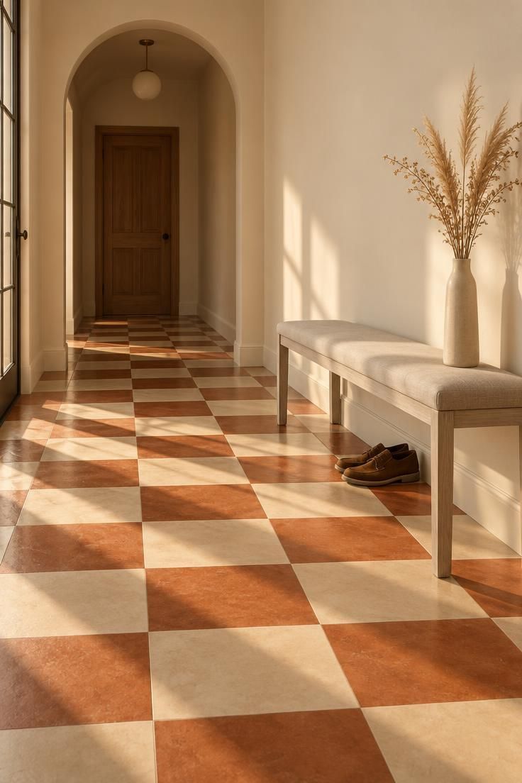 11 Warm Terracotta Hallway Ideas for an Inviting Entry 10 Hallway with a checkerboard floor of terracotta and cream tiles, plain pale walls, and a slim bench against one wall.