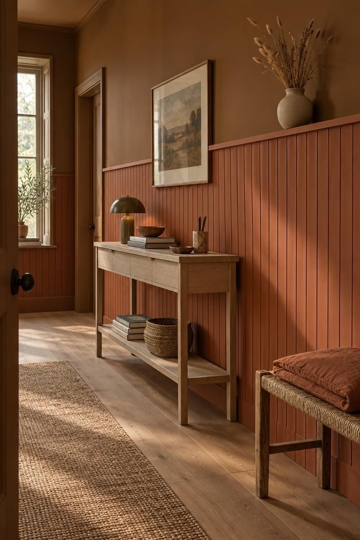11 Warm Terracotta Hallway Ideas for an Inviting Entry 11 Terracotta vertical slat paneling on the lower wall of a warm hallway with a caramel-painted ceiling, pale oak console table, dried grasses in a beige vase, and a woven bench with a rust linen cushion.