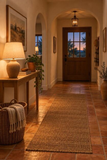 11 Warm Terracotta Hallway Ideas for an Inviting Entry Cozy entry hall at dusk with a warm terracotta tiled floor, cream plaster walls, a timber console with a ceramic lamp, a jute runner, and a rattan basket with a folded throw.