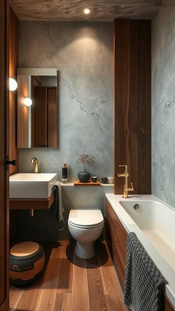 A modern wabi-sabi bathroom featuring a mix of smooth and rustic textures.