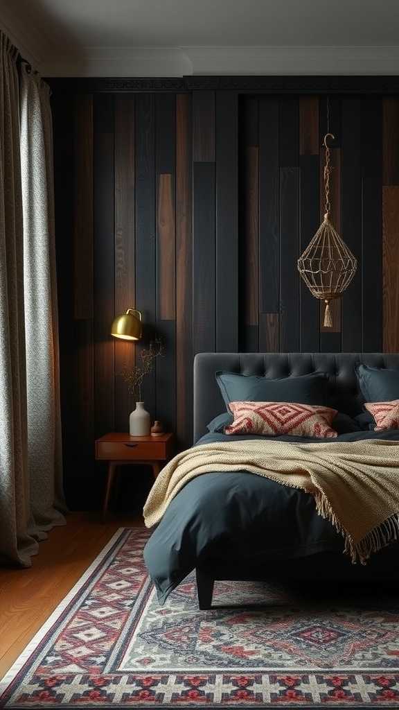 A cozy dark boho bedroom featuring textural wall finishes with wood panels.