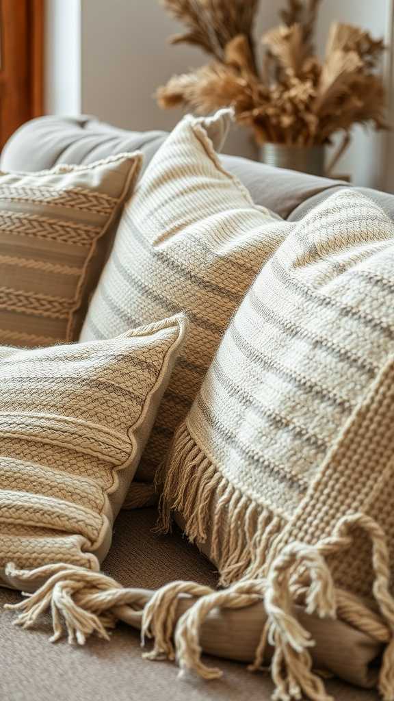 Close-up of textured pillows and a cozy throw in neutral tones