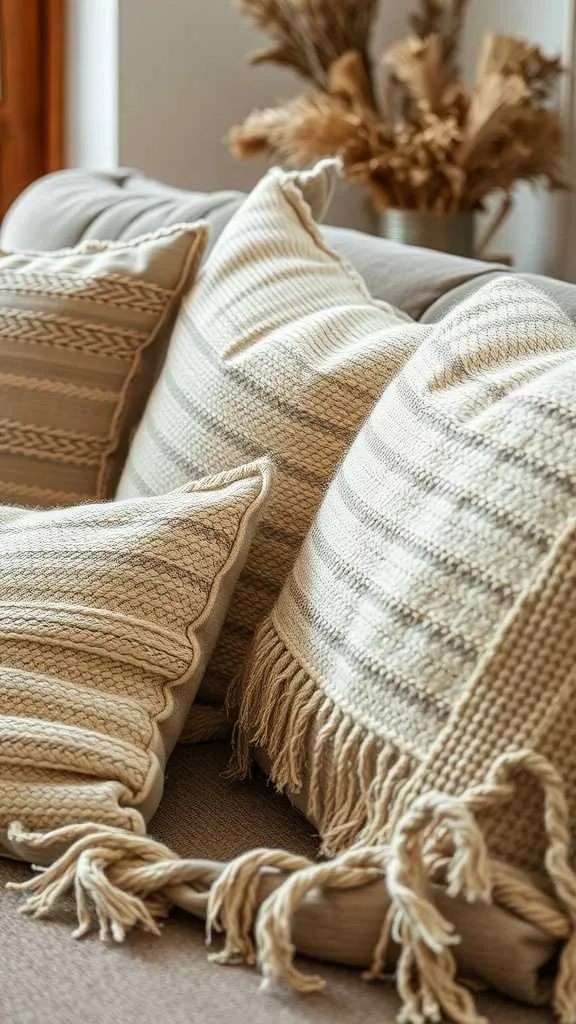 21 Japandi Living Room Design Ideas for a Cozy, Stylish Home 5 Close-up of textured pillows and a cozy throw in neutral tones