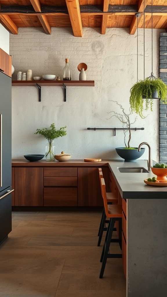 A modern kitchen featuring textured wooden surfaces, minimalist design, and natural elements.