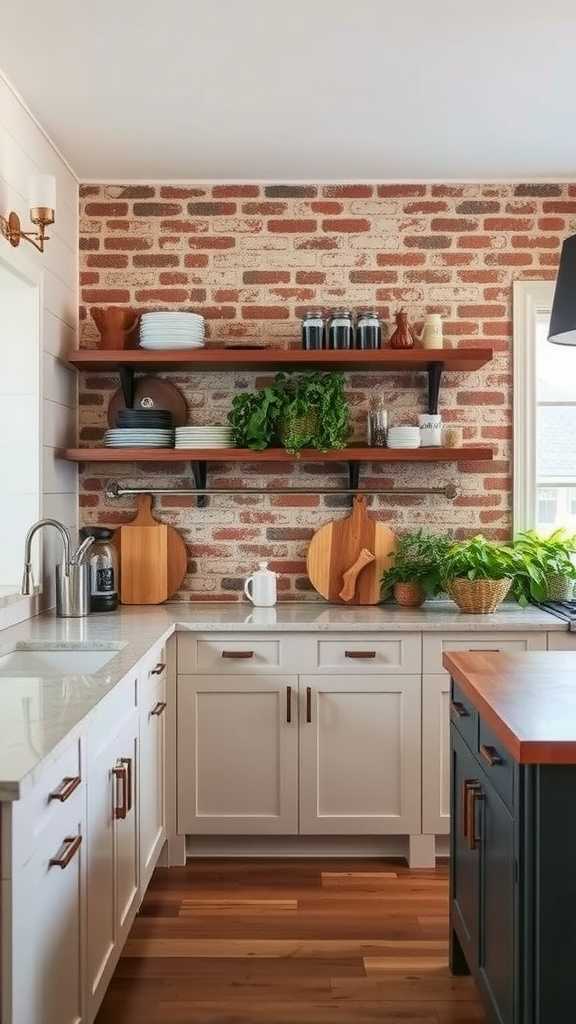 A cozy farmhouse kitchen featuring textured wall finishes with exposed brick and wooden accents.