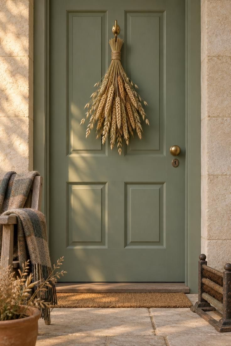 11 Warm Thanksgiving Front Door Decor Ideas for a Cozy Entry 1 Sage green front door with a twine-bound bundle of dried wheat and oat stems hanging from a brass hook, warm golden light across a pale stone porch.