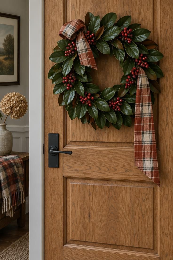 11 Warm Thanksgiving Front Door Decor Ideas for a Cozy Entry 2 Preserved magnolia and red berry wreath with an asymmetrical rust and cream plaid ribbon hanging on a natural oak door with a black handle.