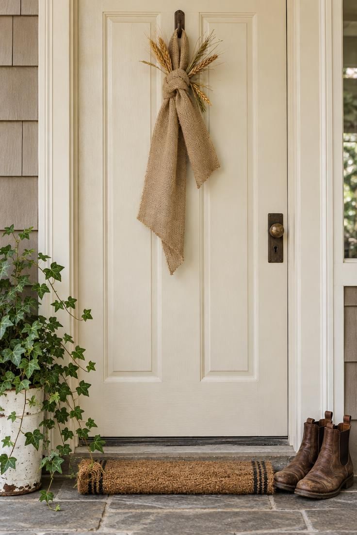 11 Warm Thanksgiving Front Door Decor Ideas for a Cozy Entry 3 Cream front door with a natural burlap ribbon swag in a loose knot and uneven tails, dried wheat stalks tucked behind, bright midday light.