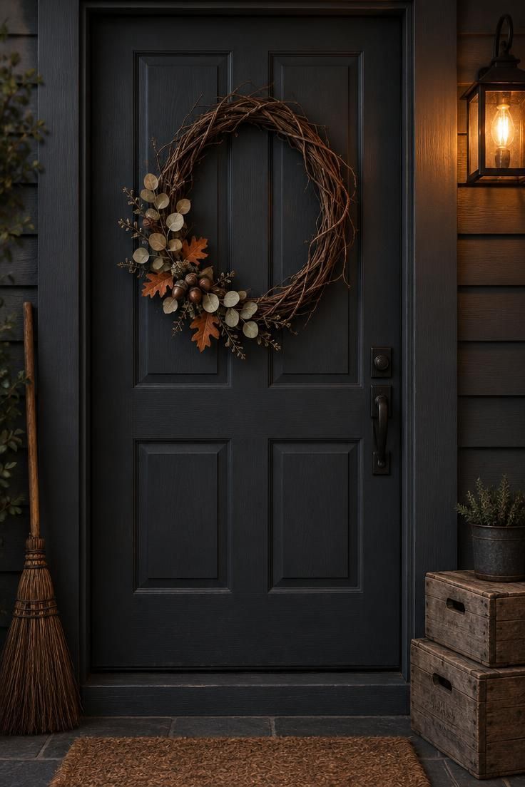 11 Warm Thanksgiving Front Door Decor Ideas for a Cozy Entry 4 Charcoal front door with an irregular grapevine wreath holding sparse dried eucalyptus, orange oak leaves, and acorns on the lower left.