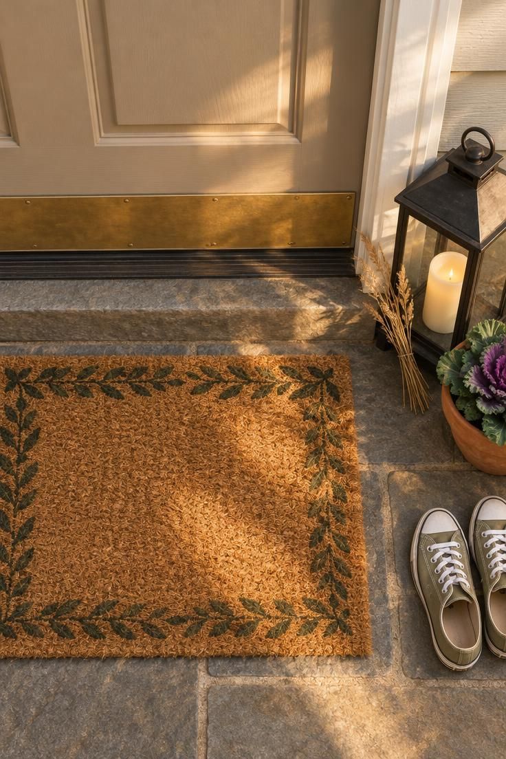 11 Warm Thanksgiving Front Door Decor Ideas for a Cozy Entry 5 Overhead view of a natural coir mat with a leaf border and a black metal lantern with a flameless candle and dried grasses at a putty-colored front door.
