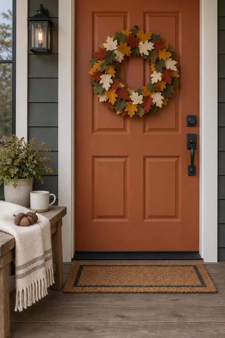 11 Warm Thanksgiving Front Door Decor Ideas for a Cozy Entry 6 Terracotta front door with a full wreath of layered wool felt leaves in rust, mustard, olive, and cream, beside a small wooden bench.