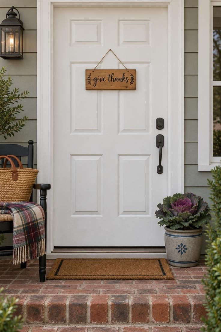 11 Warm Thanksgiving Front Door Decor Ideas for a Cozy Entry 7 White raised-panel front door with a small wooden "give thanks" plaque on jute string and a potted ornamental kale at the base.
