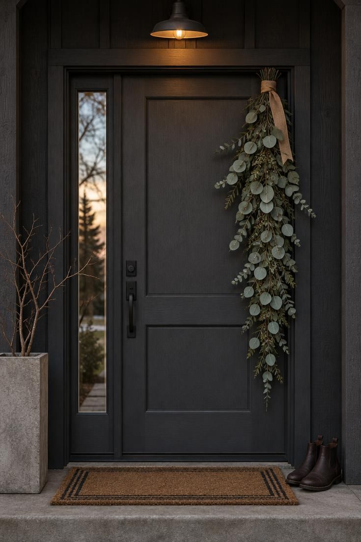 11 Warm Thanksgiving Front Door Decor Ideas for a Cozy Entry 8 Charcoal modern front door with a dried eucalyptus swag hung from the upper right corner and trailing down, tied with burlap ribbon.