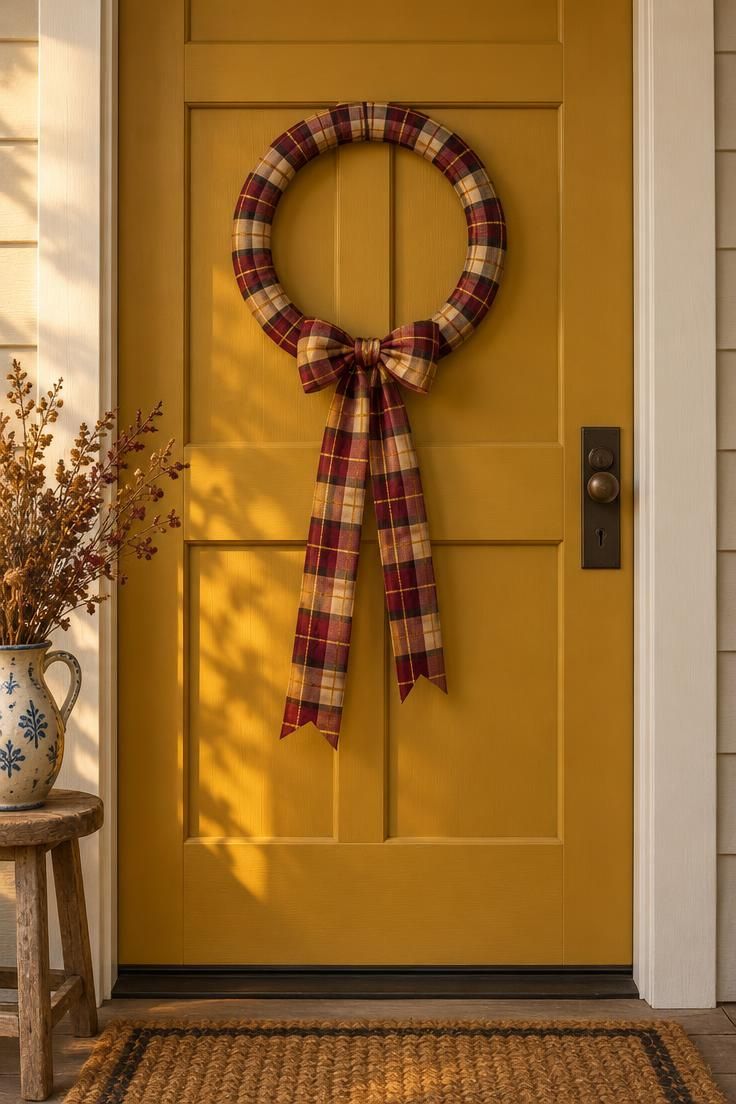 11 Warm Thanksgiving Front Door Decor Ideas for a Cozy Entry 10 Mustard yellow front door with a metal hoop wrapped in burgundy, gold, and cream plaid ribbon, a bow and long tails at the bottom.