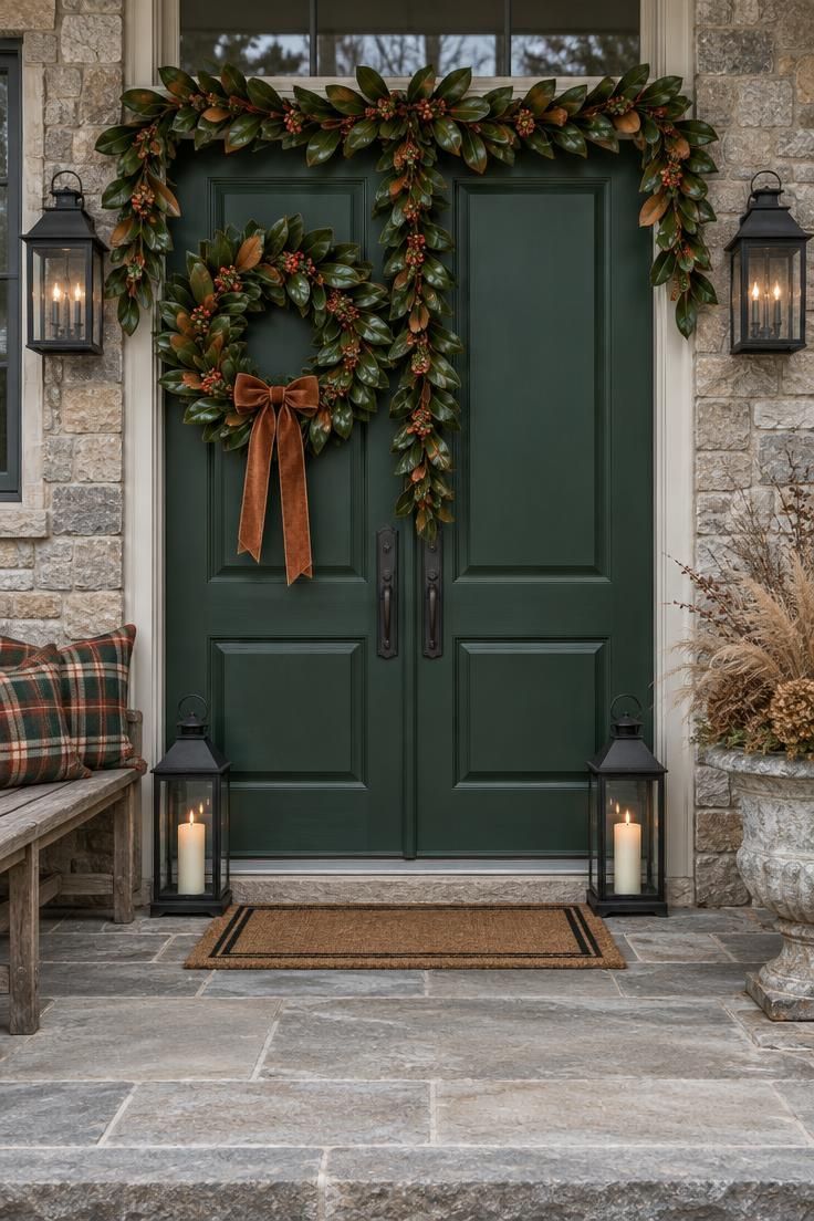 11 Warm Thanksgiving Front Door Decor Ideas for a Cozy Entry 11 Deep forest green double front door with a magnolia and berry wreath on the left door, matching garland across the top and center, and two black lanterns on the stone threshold.