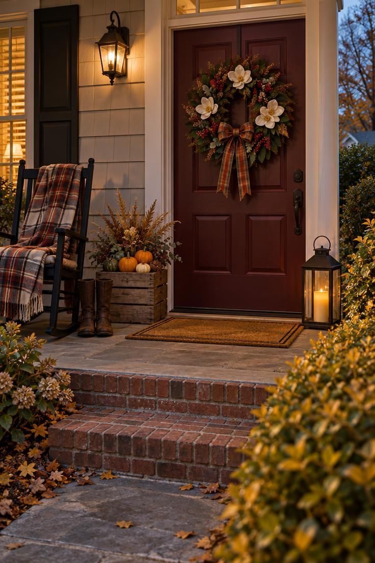 Simple Spaces 23 Cozy autumn front porch at dusk with a burgundy door, magnolia berry wreath with plaid ribbon, crate of pumpkins, glowing lantern, and a wool blanket on a rocking chair.