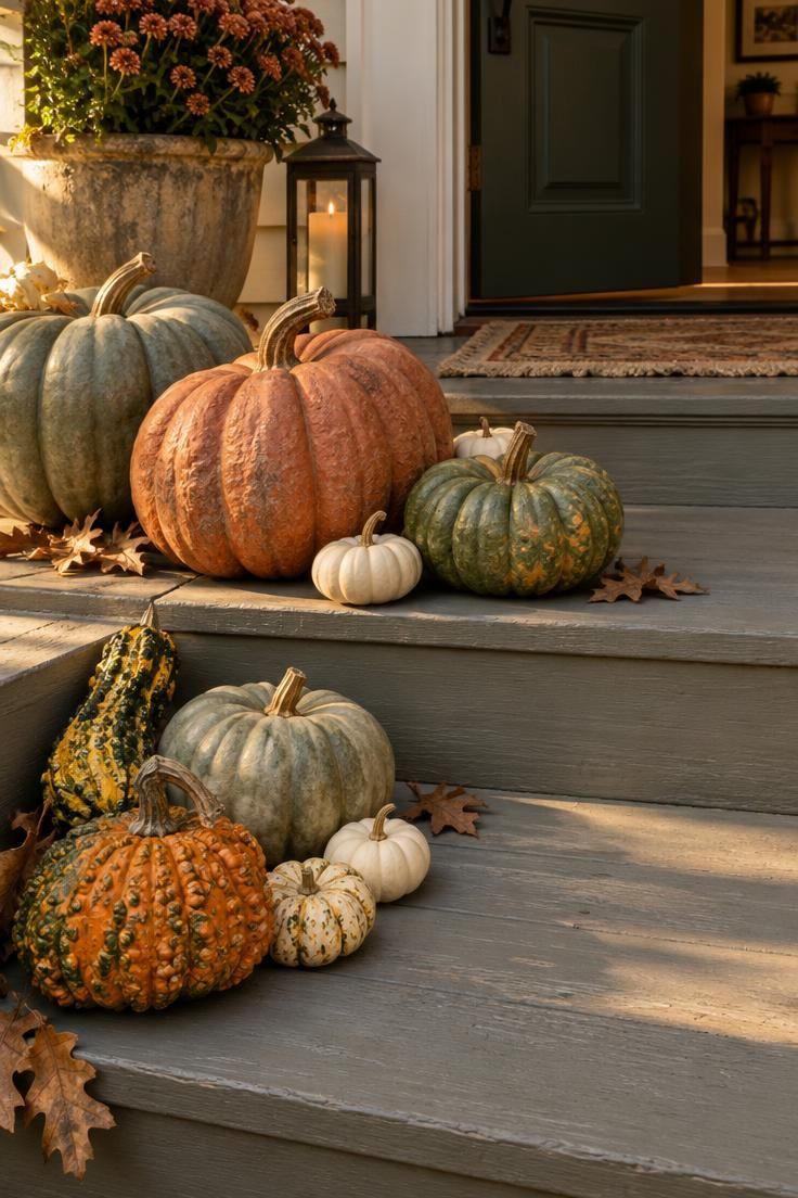 11 Warm Thanksgiving Yard Decorations to Greet Every Guest 1 Wide painted porch steps with an asymmetrical grouping of sage, dusty orange, and gray-green heirloom pumpkins, warty gourds on the lower step, and cream mini pumpkins in warm golden light.