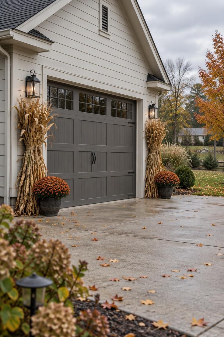 11 Warm Thanksgiving Yard Decorations to Greet Every Guest 2 Residential garage with two bundles of dried cornstalks tied in jute twine on either side of the door, rust-colored mums at the base, under soft overcast light.