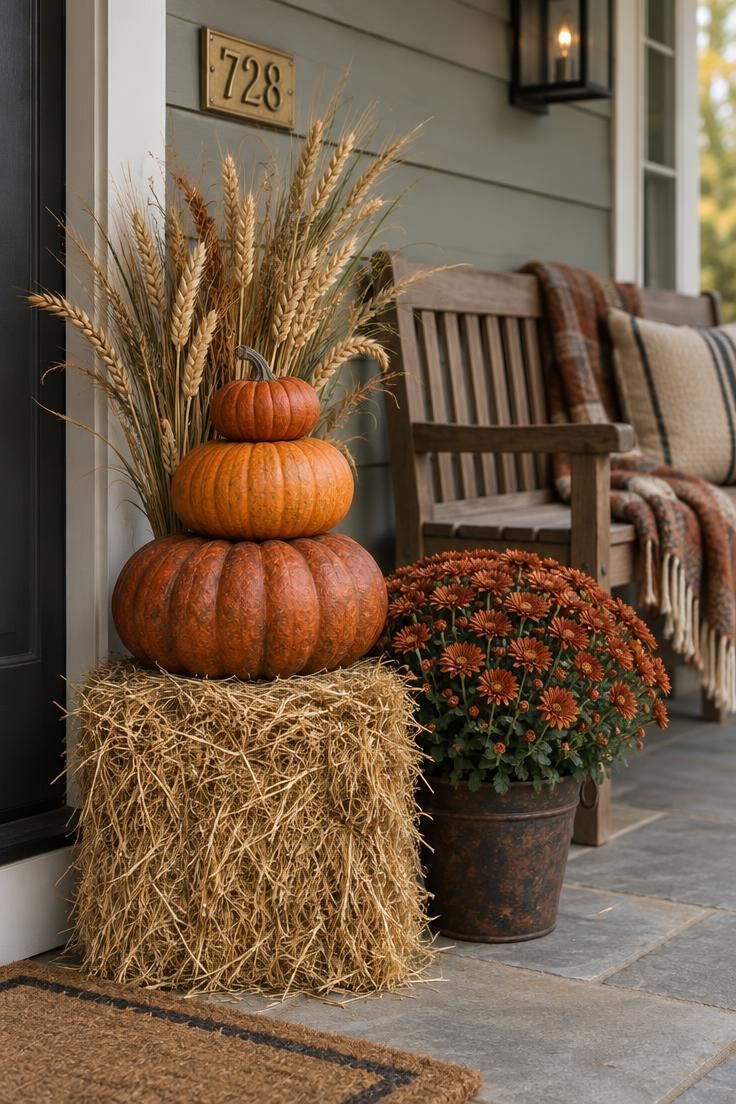 11 Warm Thanksgiving Yard Decorations to Greet Every Guest 3 Covered porch with a small hay bale holding a stack of rust and orange pumpkins, dried wheat behind, rust mums beside, in soft diffused light.