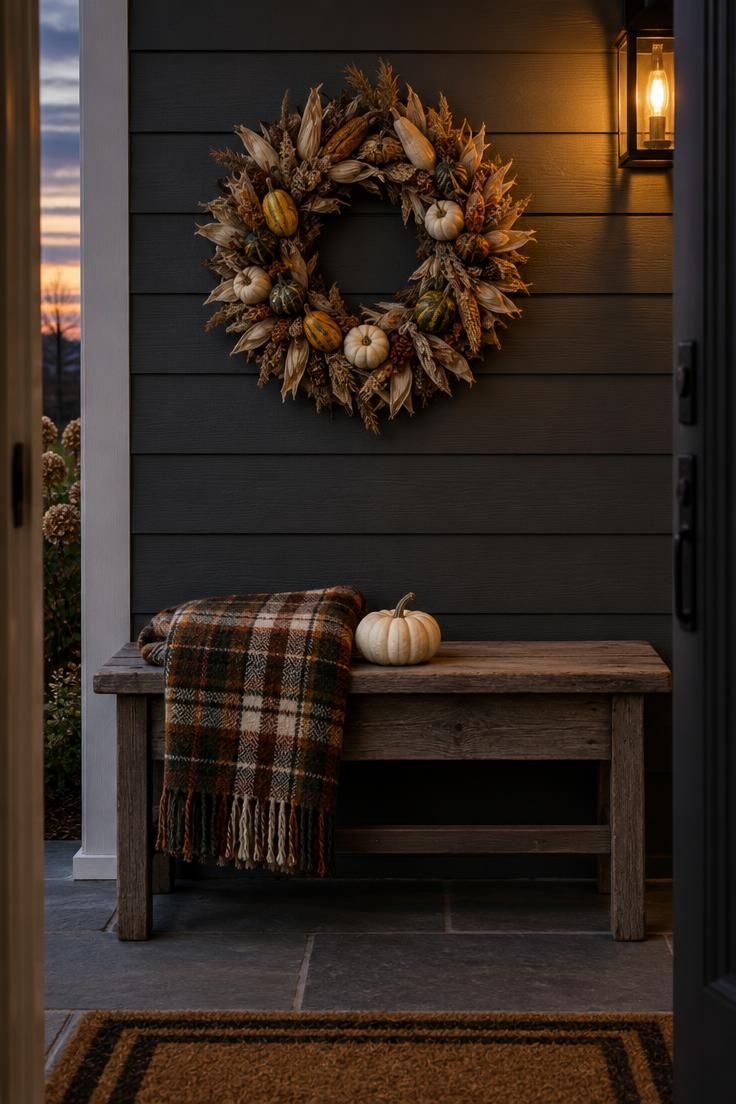 11 Warm Thanksgiving Yard Decorations to Greet Every Guest 4 Front porch bench with a folded plaid throw and small white pumpkin, a round dried corn wreath with mini gourds centered above, in moody low light.