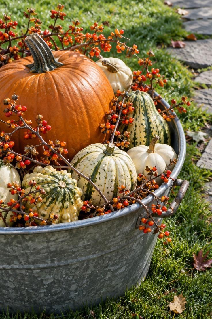 11 Warm Thanksgiving Yard Decorations to Greet Every Guest 5 Shallow galvanized tub on a lawn overflowing with an orange pumpkin, cream and green gourds, and dried red-orange bittersweet in bright midday light.