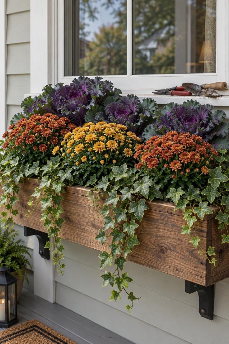 11 Warm Thanksgiving Yard Decorations to Greet Every Guest 6 Wooden front-window box planted with rust and gold mini mums, purple-green ornamental kale, and trailing ivy under soft diffused light.